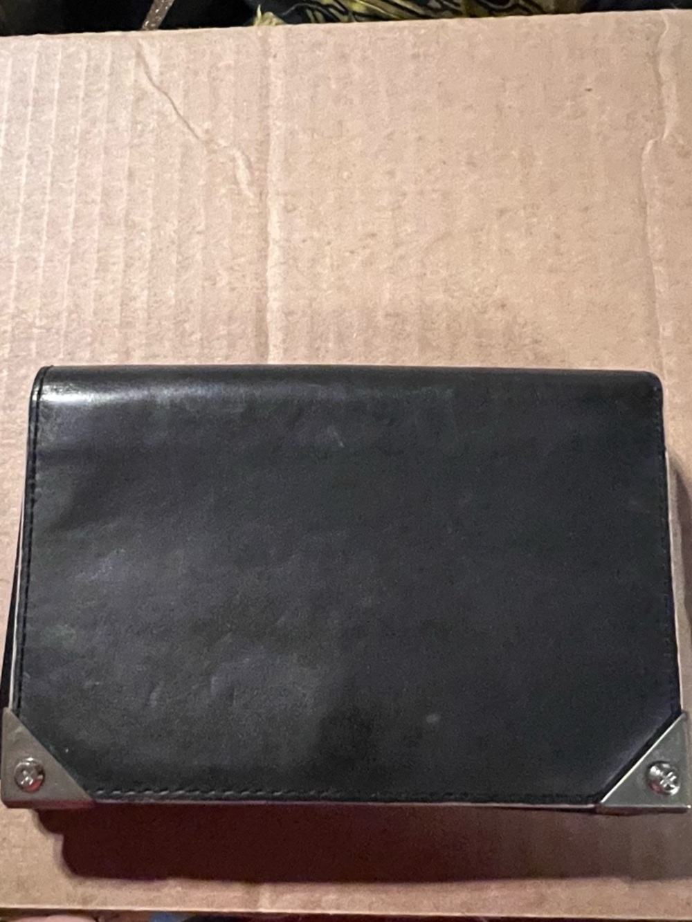 Alexander Wang Black Leather Card Holder with Silver Corner Accents